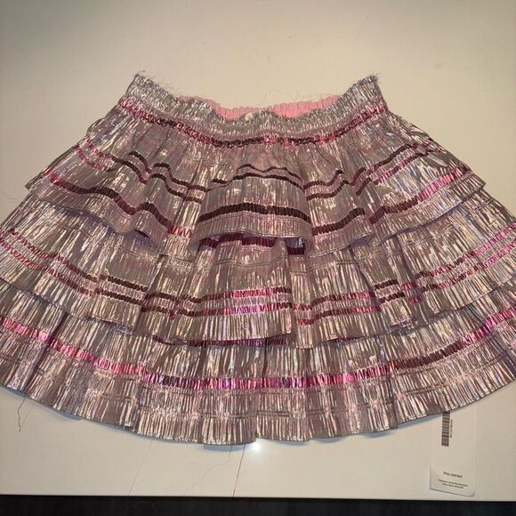Love Shack Fancy Brynlee metallic tiered mini skirt Caribbean pink ruffles - Picture 14 of 15